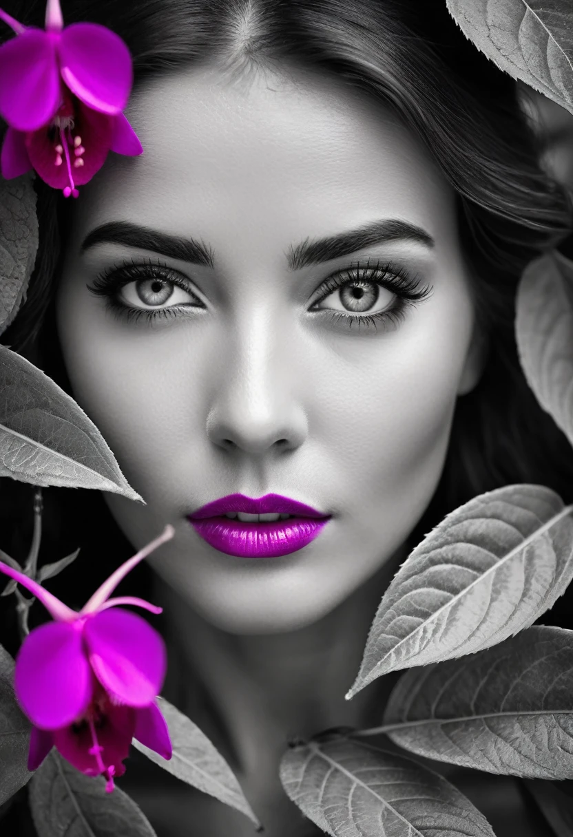 A black and white photo in raw format, zooming in on the intricate details of a woman's face, revealing her expressive eyes. Frame the shot with a solitary striking Fuchsia flower, adding a touch of softness and femininity to the composition, enhancing the dramatic contrast and textures of the monochrome image, ultra clear