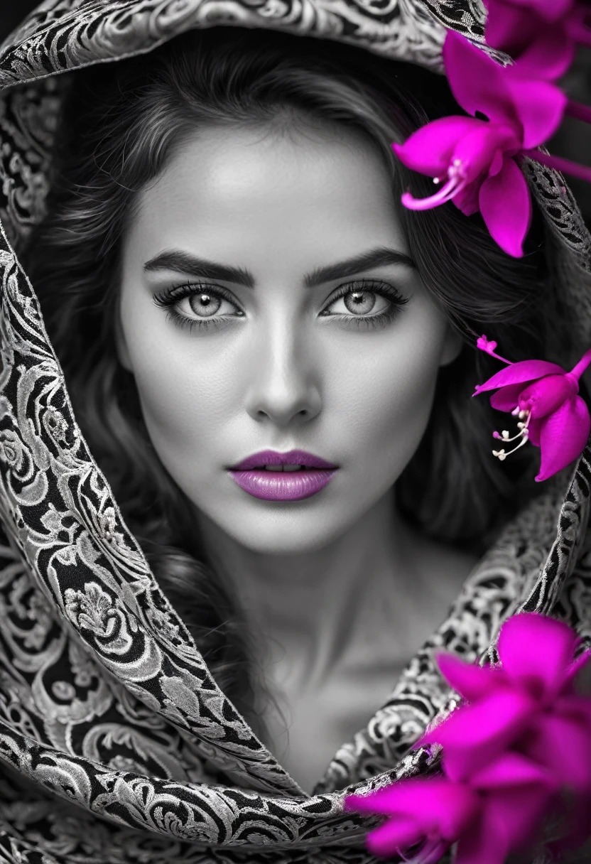 A black and white photo in raw format, zooming in on the intricate details of a woman's face, revealing her expressive eyes. Frame the shot with a solitary striking Fuchsia flower, adding a touch of softness and femininity to the composition, enhancing the dramatic contrast and textures of the monochrome image, ultra clear