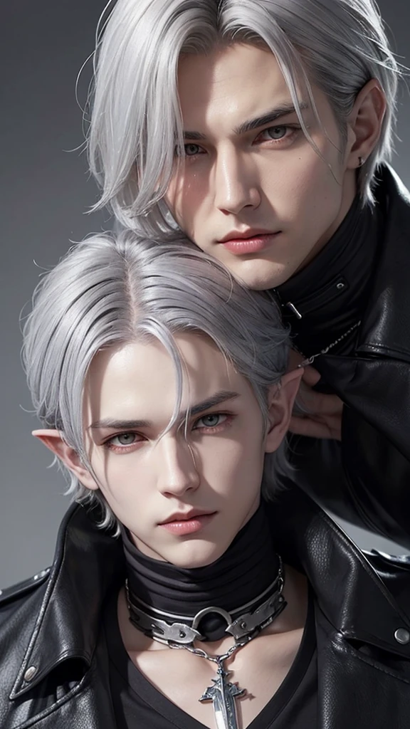 a close-up of a person with gray hair and a necklace, he has dark gray hair, son of sparda, johan liebert mixed with dante, xqc, johan liebert mixed with alucard, v from devil may cry as an elf, as a tekken character, blessed waters in wlop style, handsome guy in demon slayer art