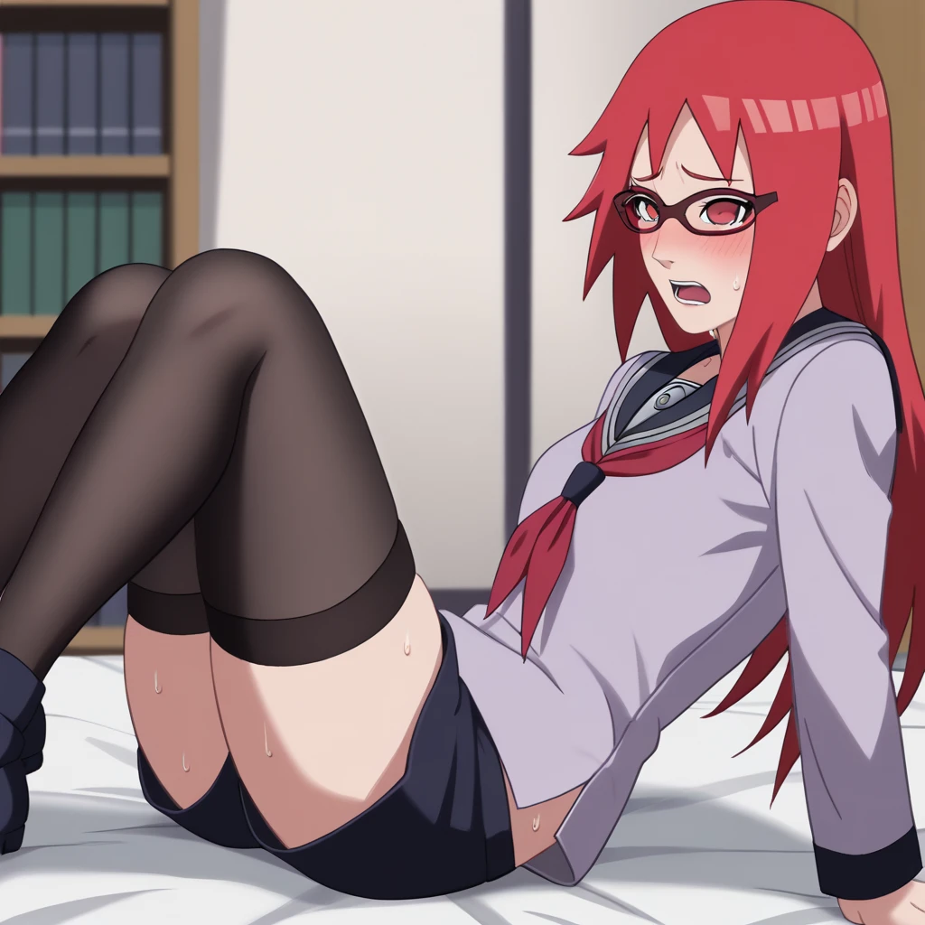 Red hair, 1 Girl, Glasses, Long hair, Red Eyes, Solitary, Sailor Suit, Black over-the-knee stockings, Black shorts, Umbilical cord, Looking at the audience，No students, Japanese cartoons screencap, Japanese cartoons coloring,src_Japanese cartoons,Naruto \(series\), Naruto shippuuden,（（blush，nervous，Vision，library，bookshelf，sit on the chair，））masterpiece， absurd ， （Intricate details）， （Colorful）， light， Extremely detailed CG Unity 8k wallpaper ，1 Girl， solo，（shy，classroom，night，blush，nervous，Sweating，蕾丝dress， ），sweat，blush，blush1.5，Blush，Medium chest，（（dress，Black stockings，）），（dress，Lying in bed，Uncomfortable expression，Mouth open，spit）