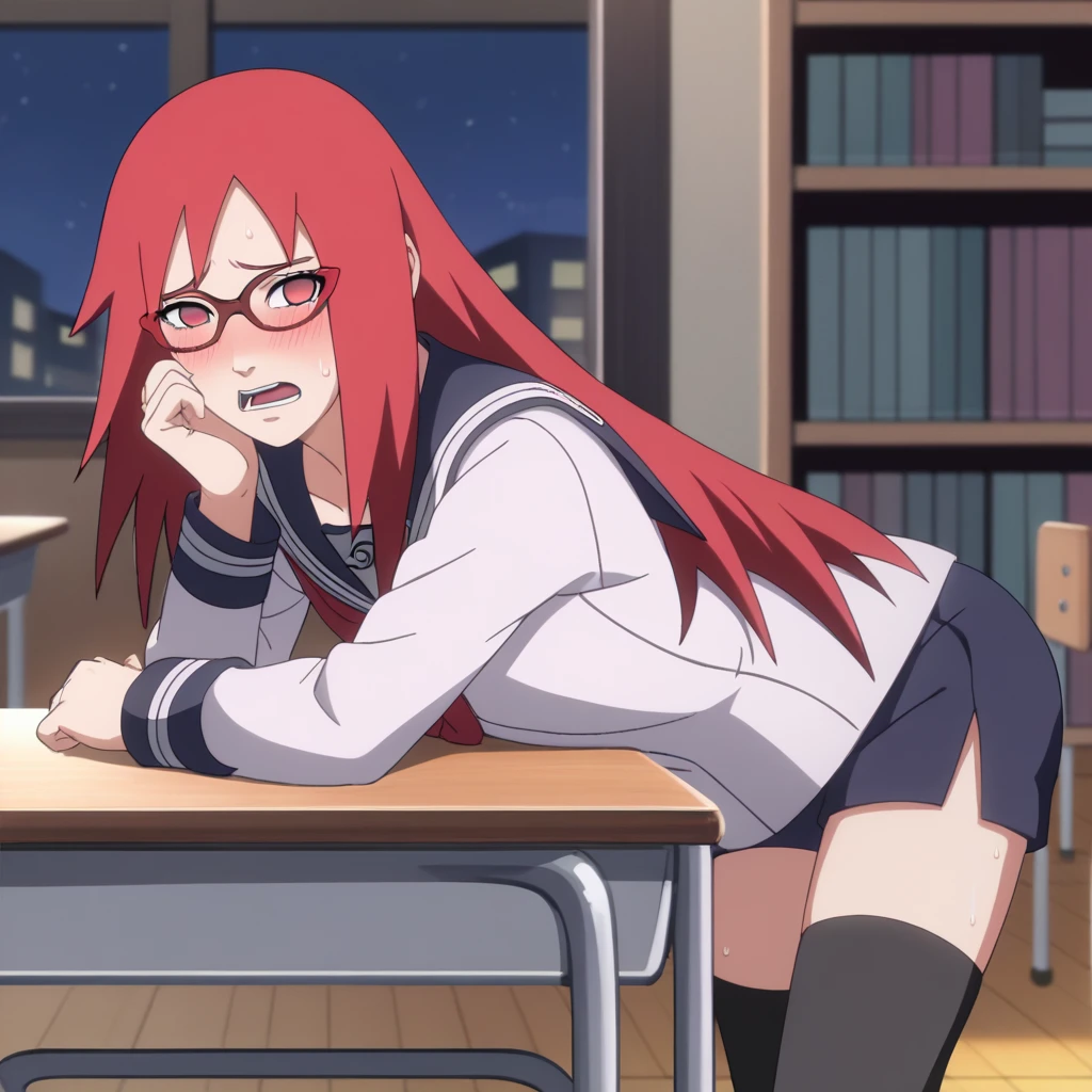 Red hair, 1 Girl, Glasses, Long hair, Red Eyes, Solitary, Sailor Suit, Black over-the-knee stockings, Black shorts, Umbilical cord, Looking at the audience，No students, Japanese cartoons screencap, Japanese cartoons coloring,src_Japanese cartoons,Naruto \(series\), Naruto shippuuden,（（blush，nervous，Vision，library，bookshelf，sit on the chair，））masterpiece， absurd ， （Intricate details）， （Colorful）， light， Extremely detailed CG Unity 8k wallpaper ，1 Girl， solo，（shy，classroom，night，blush，nervous，Sweating，蕾丝dress， ），sweat，blush，blush1.5，Blush，Medium chest，（（dress，Black stockings，）），（dress，Lying in bed，Uncomfortable expression，Mouth open，spit）