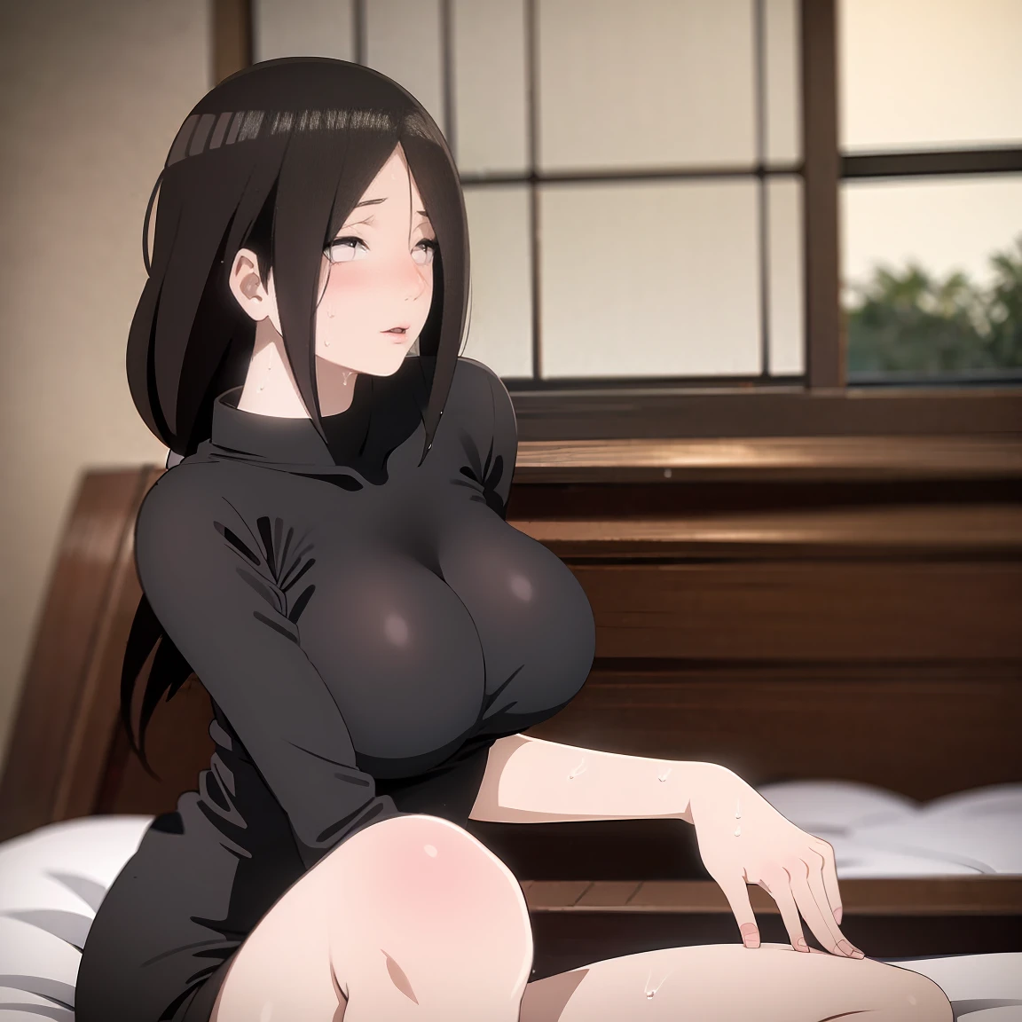 masterpiece, Very detailed, best quality, Ultra-high resolution, 1 Girl, Solitary, (Snow outside the window,hotel,Sweating,blush),(中等breast), breast, (Hana and Hinata:1), (Yoga Clothes,Kneeling), cleveage, From the front,sit,On the sofa,black eyes,White eyes,((Lying in bed,))