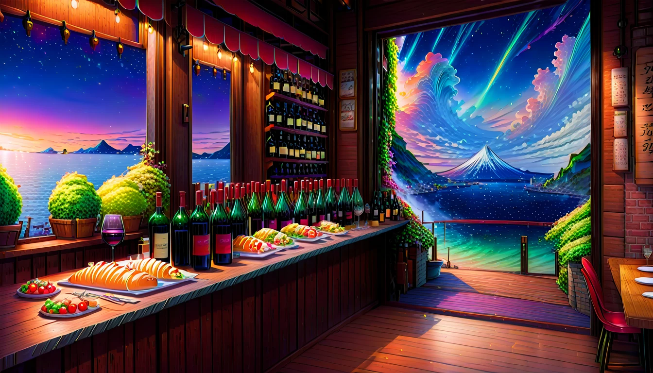 night scene of a small shop with many bottles of wine, anime background art, cozy cafe background, style of makoto shinkai, anime background, in style of makoto shinkai, colorful anime film background, cute anime dinner, studio lightly makoto shinkai, anime scenery concept art, beautiful anime scenery, anime film background, anime scenery