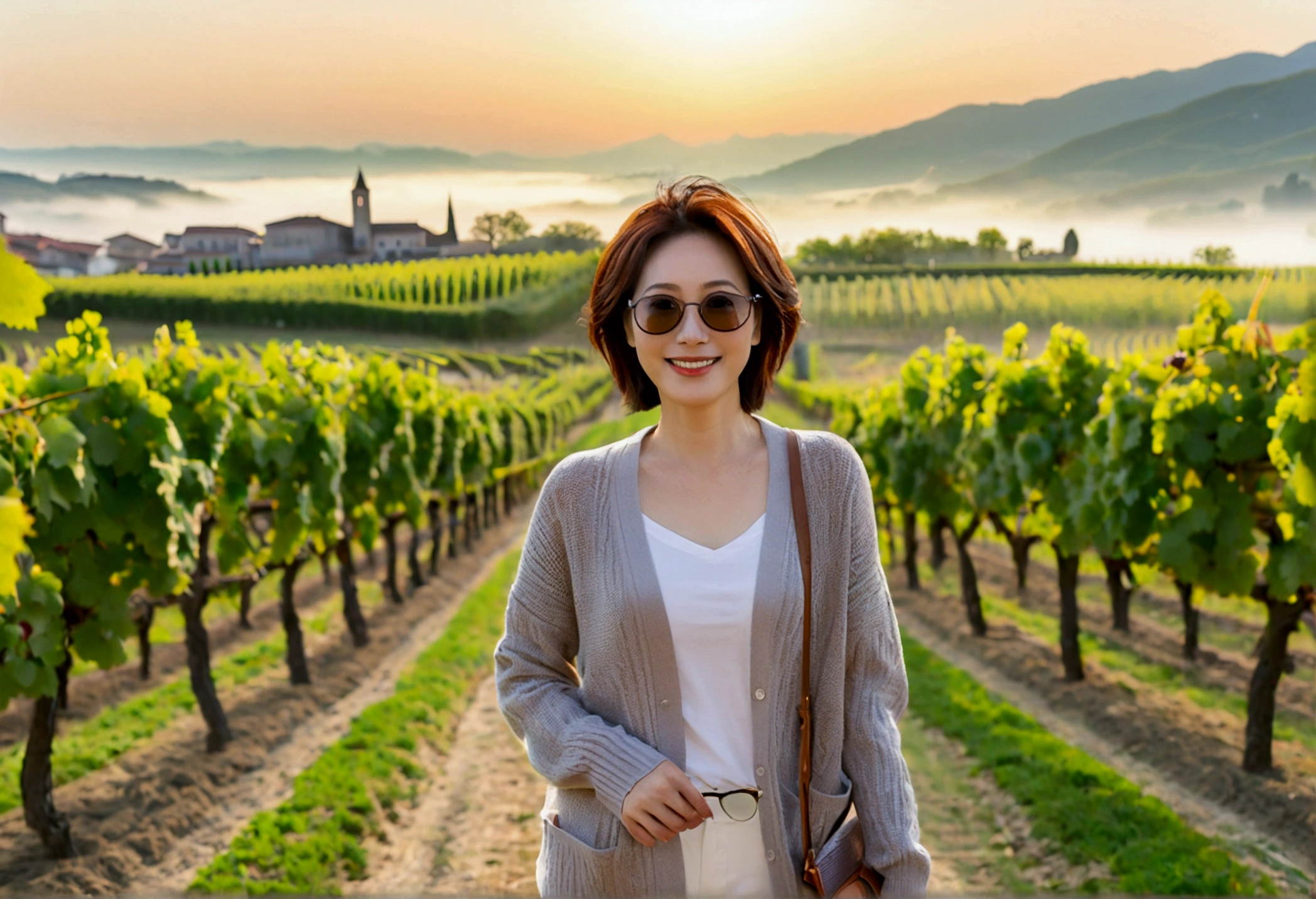 8k best picture quality, Beautiful 36-year-old Korean woman, Chest size 34 inches, northern italy countryside dawn, View of the cathedral next to the vineyards, The back background is realistic and vivid quality., short medium hair, white shirt and cardigan, Wear casual pants, Smile slightly. the background is clear, It is spring, when grapes have not yet ripened. I walk down a curved path looking at a vineyard shrouded in thick fog., Clear picture quality, Wear high-end luxury brand sunglasses, sunglasses with clear lines,