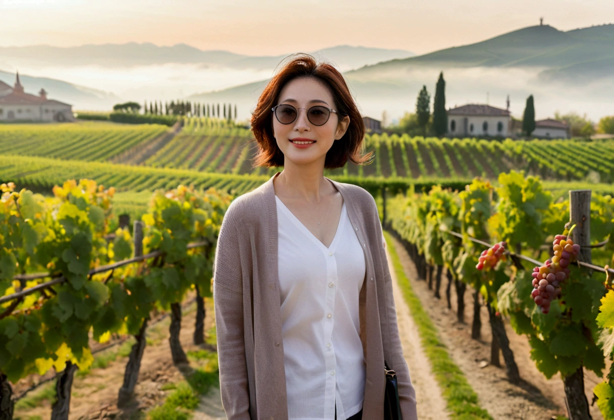 8k best picture quality, Beautiful 36-year-old Korean woman, Chest size 34 inches, northern italy countryside dawn, View of the cathedral next to the vineyards, The back background is realistic and vivid quality., short medium hair, white shirt and cardigan, Wear casual pants, Smile slightly. the background is clear, It is spring, when grapes have not yet ripened. I walk down a curved path looking at a vineyard shrouded in thick fog., Clear picture quality, Wear high-end luxury brand sunglasses, sunglasses with clear lines,