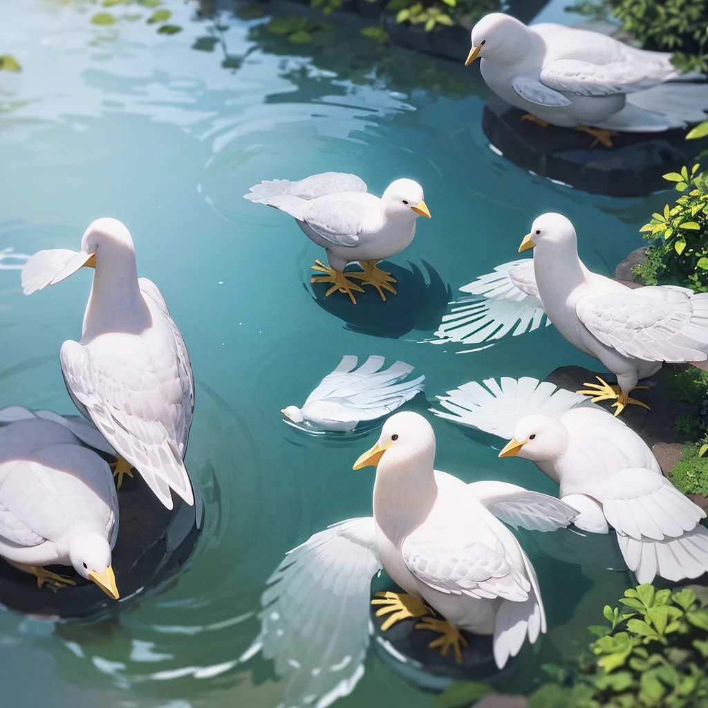 In clean pond green turtle and two white hens are stand in water, and no any body in water by their