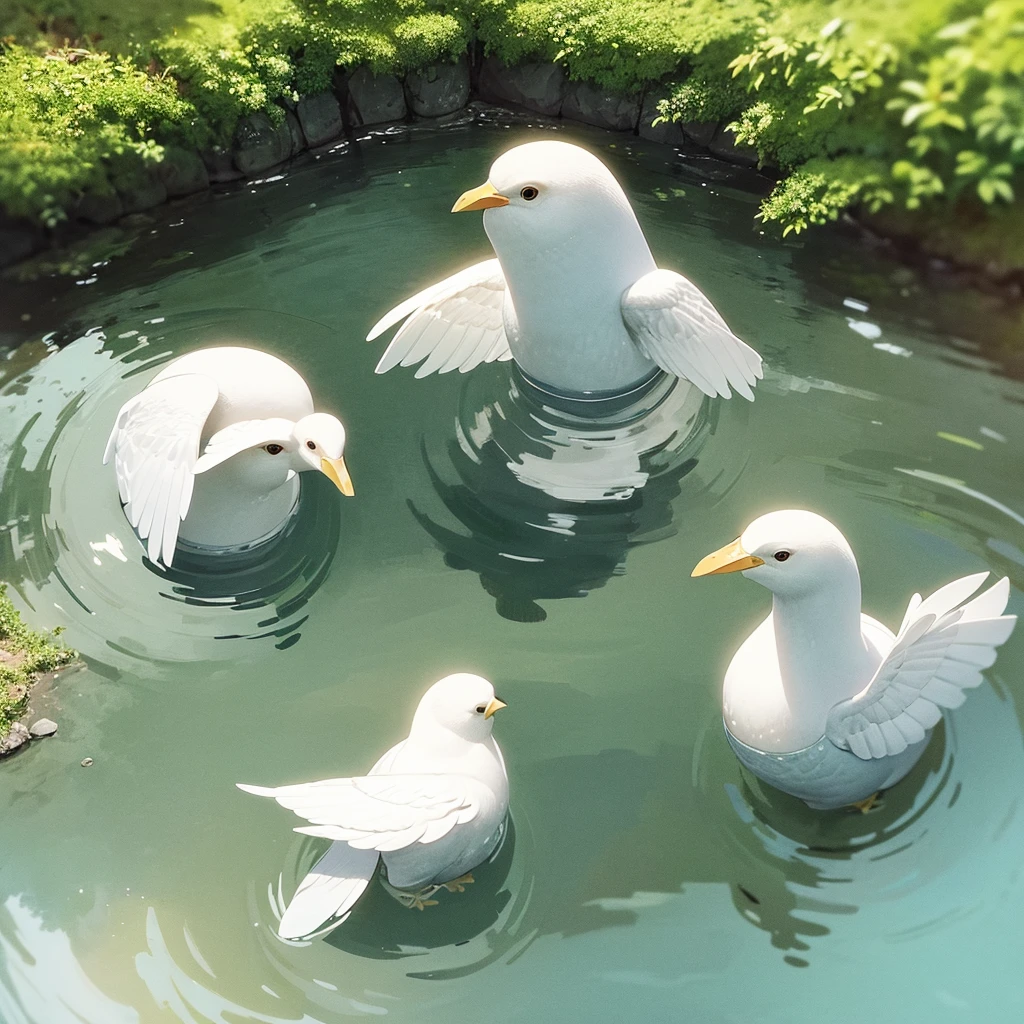In clean pond green turtle and two white hens are stand in water, and no any body in water by their
