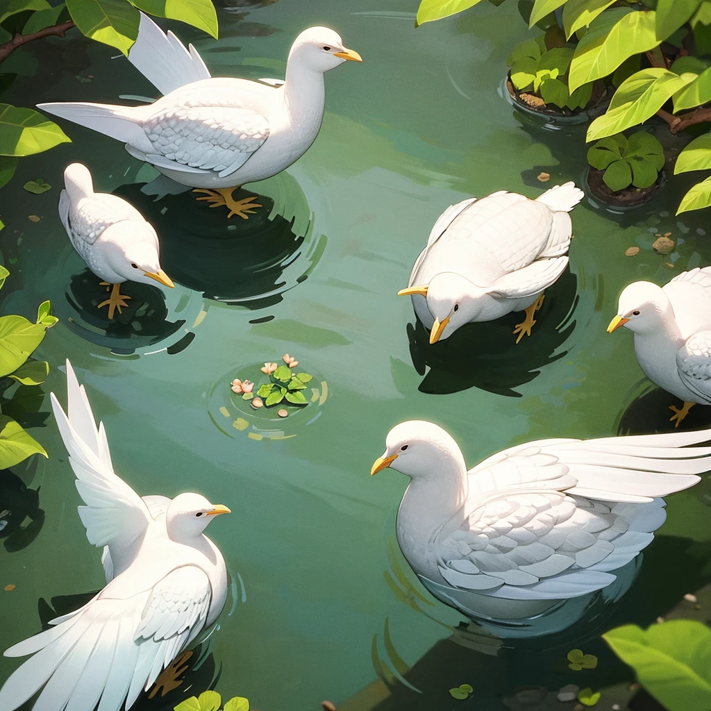 In clean pond green turtle and two white hens are stand in water, and no any body in water by their