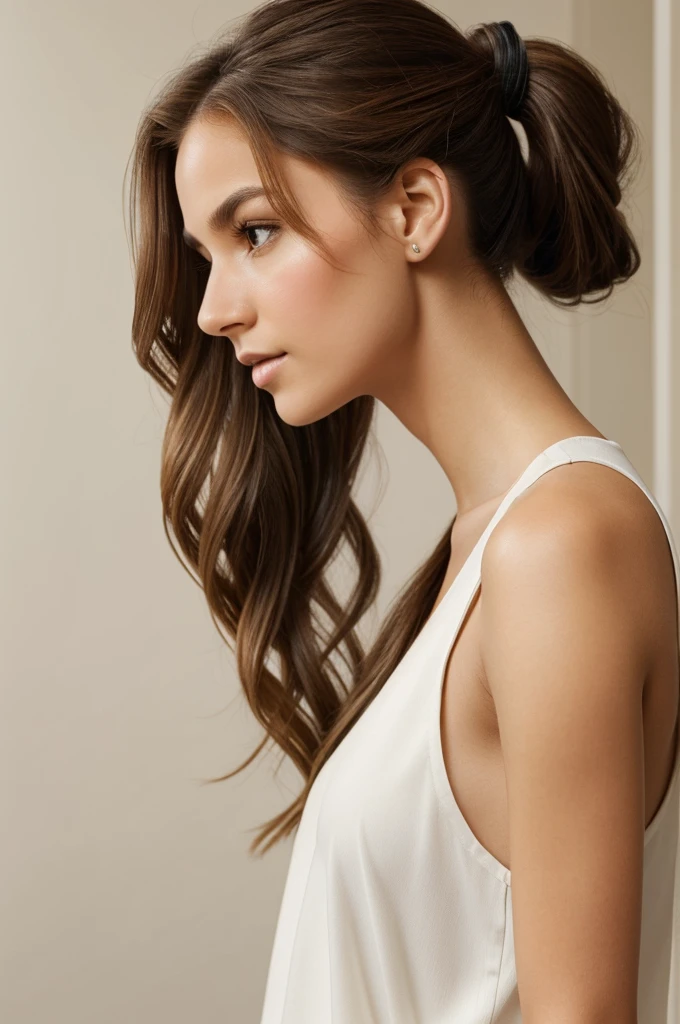 A high-quality photo of a beautiful young woman with long brown hair styled in a ponytail, seen from a side profile. She has flawless, smooth skin and is wearing a sleeveless white top. The background is a soft, gradient light color, enhancing the focus on her glowing complexion and elegant pose. The lighting is soft and even, creating a natural and radiant look. The overall mood is serene and elegant.