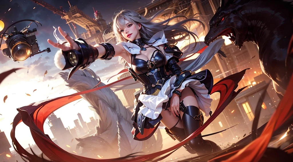 xxmixgirl,One Girl, Fisheye Lens, Selfie, Wind, Messy Hair, sunset, Cityscape, (Aesthetics and atmosphere:1.2), Gray Hair,smile, Film Girl, Short top shirt, Open your ????? wide, 