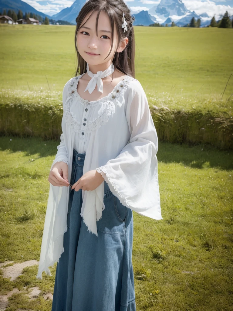 (realistic, photo-realistic:1.37), incredibly absurdres, (insanely detailed:1.3), 8k, (masterpiece), (best quality:1.4), (ultra high res:1.2), (RAW photo:1.2), ultra detailed background, (unity 8k wallpaper), 1 girl, utterly cute, ((14yo:1.4)), an exquisitely detailed and beautiful face and eyes and skin, detailed black shine hair, medium breasts, a chiemsee tracht with delicate and beautiful soft fabric, smile at the camera, cowboy shot, the grindelwald landscape of swiss, professional lighting