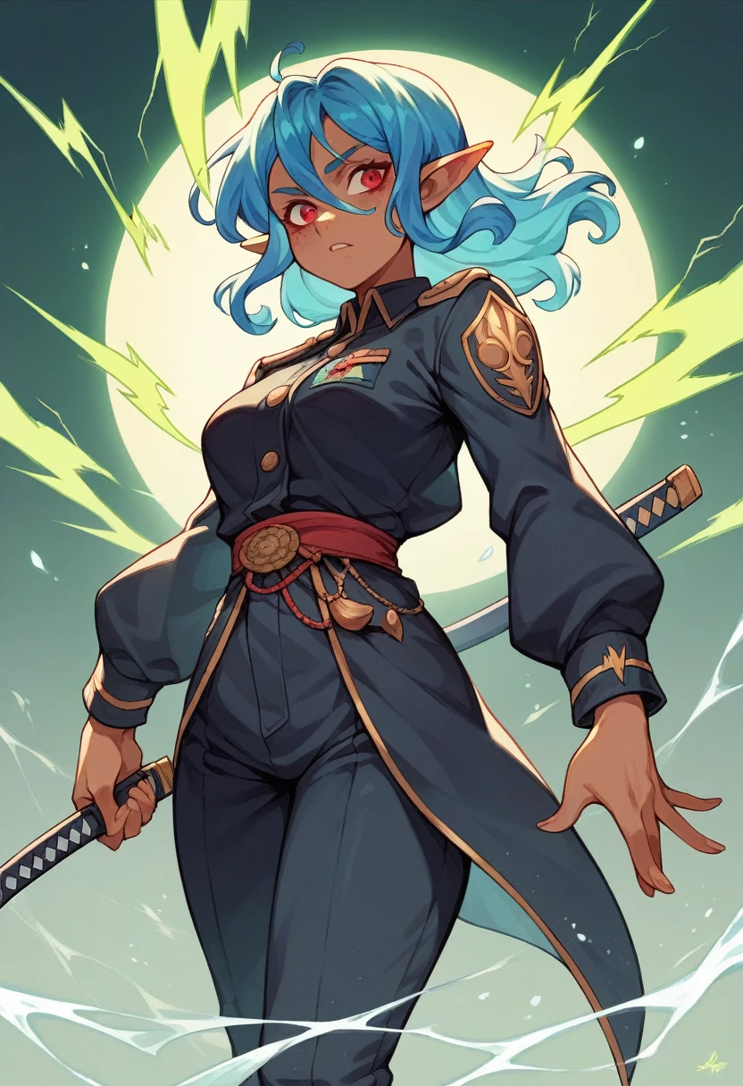 Azura Rivera she she's a 20 year old Latina. She has Tanned skin. She has blue hair. She wears a SNB (Supernatural Bureau) Black uniform . She has freckles. She has red eyes. She's half fairy half mage. There's green lightning and water around her katana. In a 3d anime art style. 4k quality.