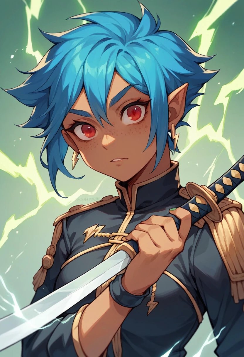 Azura Rivera she she's a 20 year old Latina. She has Tanned skin. She has blue hair. She wears a SNB (Supernatural Bureau) Black uniform . She has freckles. She has red eyes. She's half fairy half mage. There's green lightning and water around her katana. In a 3d anime art style. 4k quality.