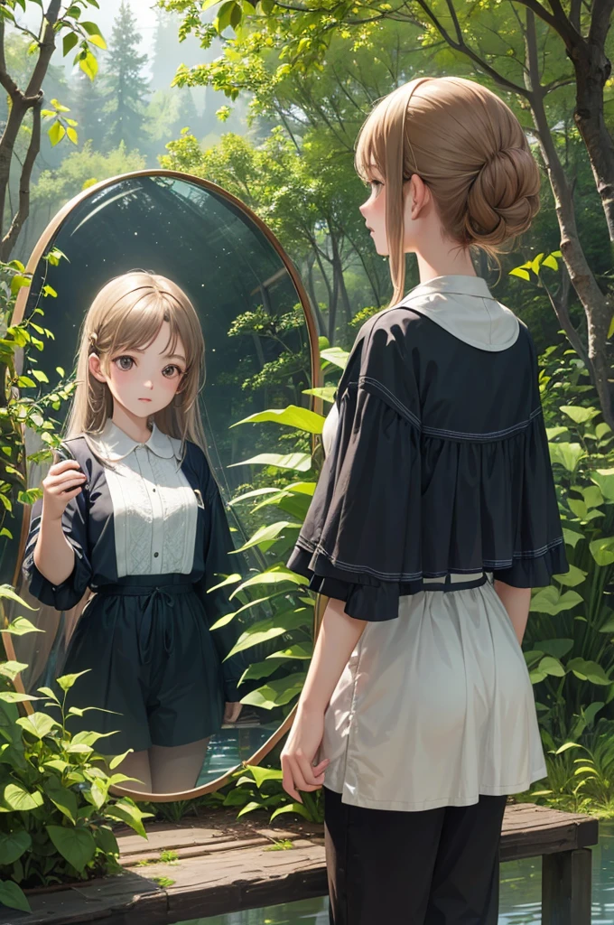 girl in the forest by the lake, complex background, looks at his reflection in the water
