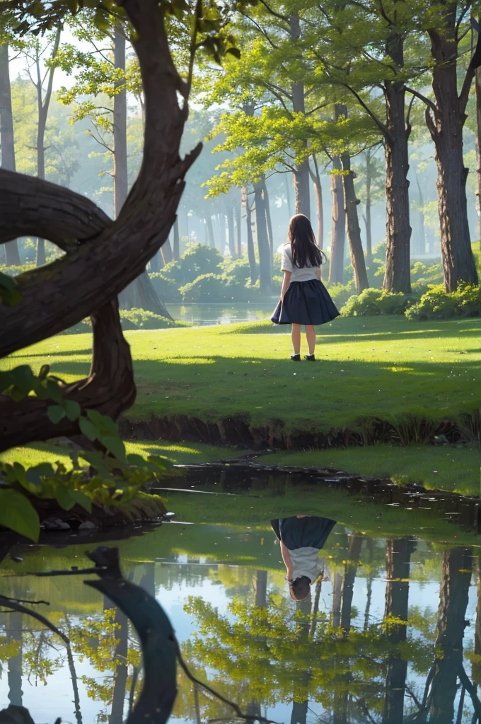 girl in the forest by the lake, complex background, looks at his reflection in the water