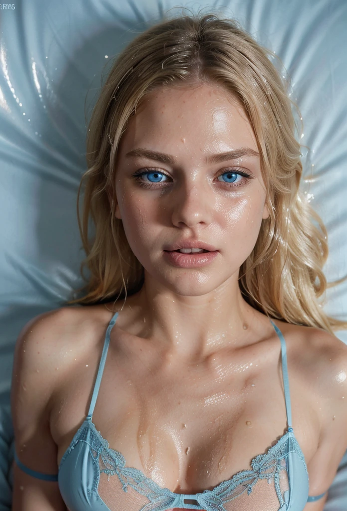 A beautiful blonde with blue eyes and straight, wet hair and her face covered with many beads of sweat is sticking out her tongue in a very sensual way , the camera must focus on his imposing face, perfect body with light blue lingerie, she is lying face down on her bed,the scene must be cinematic type in a warm and sensual environment, very perfect high resolution image