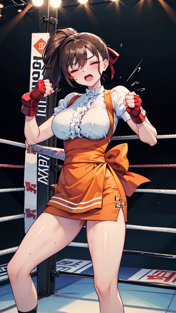 Highest quality，masterpiece，Two women fighting，(WWE Divas，Wrestling Arena，Wrestling ring background, Boxing ring background),  Lack of stamina, Ryona, Hitting a girl, death is near，タケユカ 超ロングヘア ヘアribbon, Frilled shirt, Underbust, ribbon, Fingerless gloves, White gloves, Waist apron, Orange Skirt, socks, Toeless legwear， (Moaning , Open your mouth), ((, boxing action，Two women boxing in the ring，The woman on the right punches the woman on the left in the stomach.，The woman on the left has her right eye closed, opening her mouth, and sweat.)), , ( Tilt your head),