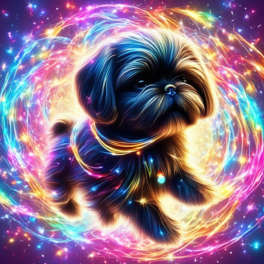 Ultra-small deformation,pop art, (from above), A black Shih Tzu puppy is curling up in the air, surrounded colorful ribbons and particles shaped star, falling through the air, lie on back spreading arms and legs wide, close up happily expression toward the viewer, smoke screen, speed line, Dynamic Motion Blur, Dynamic action scenes 3D Pixar style