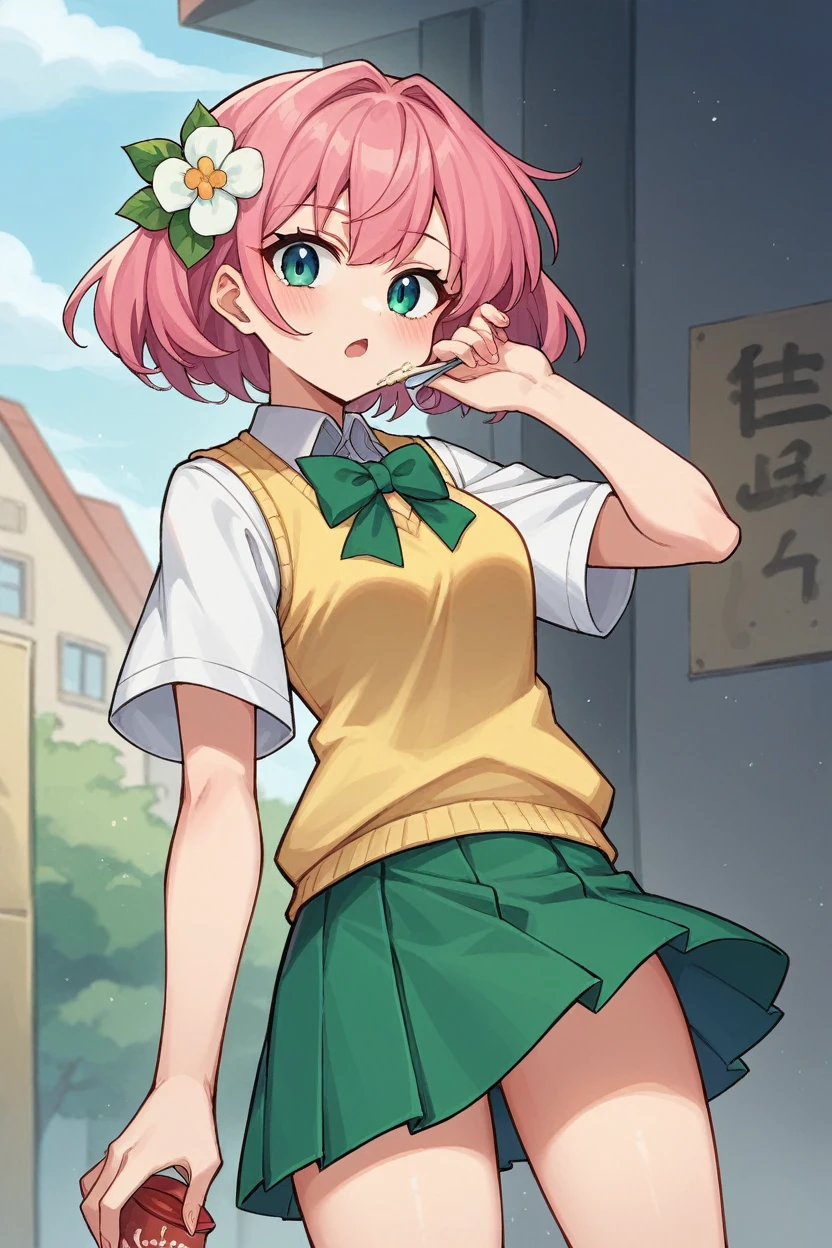 score_9, score_8_superior, sauce_anime, Blake 1girl tlrmomo, Pink Hair, Hair Flower, Green bow tie, Yellow sweater vest, White shirt, Short sleeve, Green mini skirt, Devil&#39;s Tail, View your viewers, Are standing, Happy, Open your mouth, blue sky, wood, waist superior