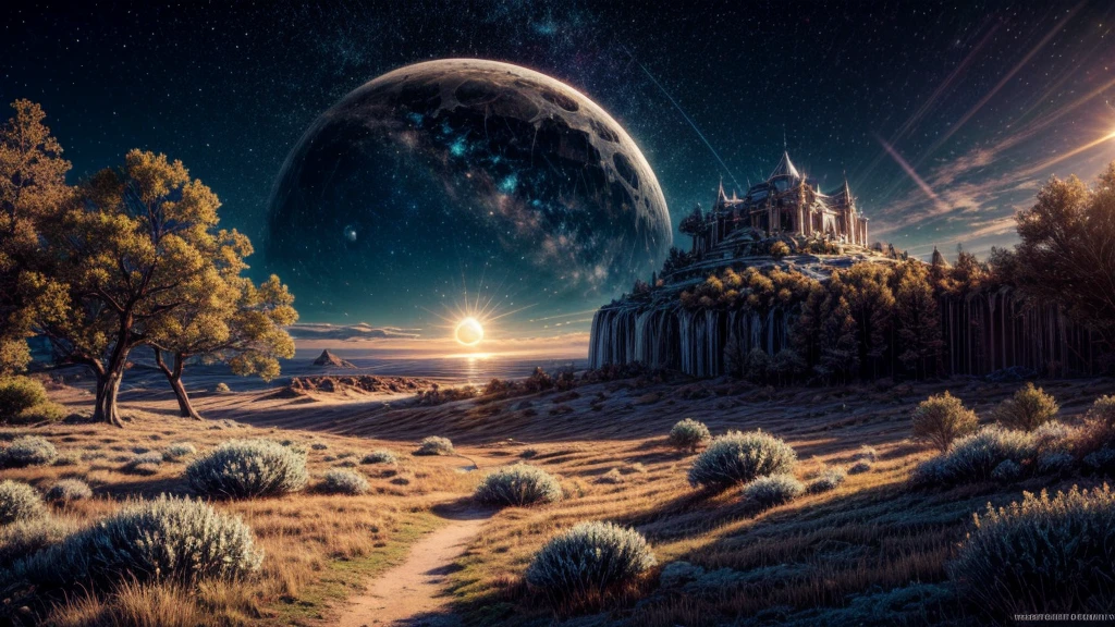 a magical spiritual landscape, the sun and the moon in the sky, a virtual reality environment, (best quality,4k,8k,highres,masterpiece:1.2),ultra-detailed,(realistic,photorealistic,photo-realistic:1.37),digital art, intricate details, glowing golden light, shimmering blue light, vibrant rainbow colors, ethereal atmosphere, surreal and dreamlike, cinematic lighting, stunning visuals