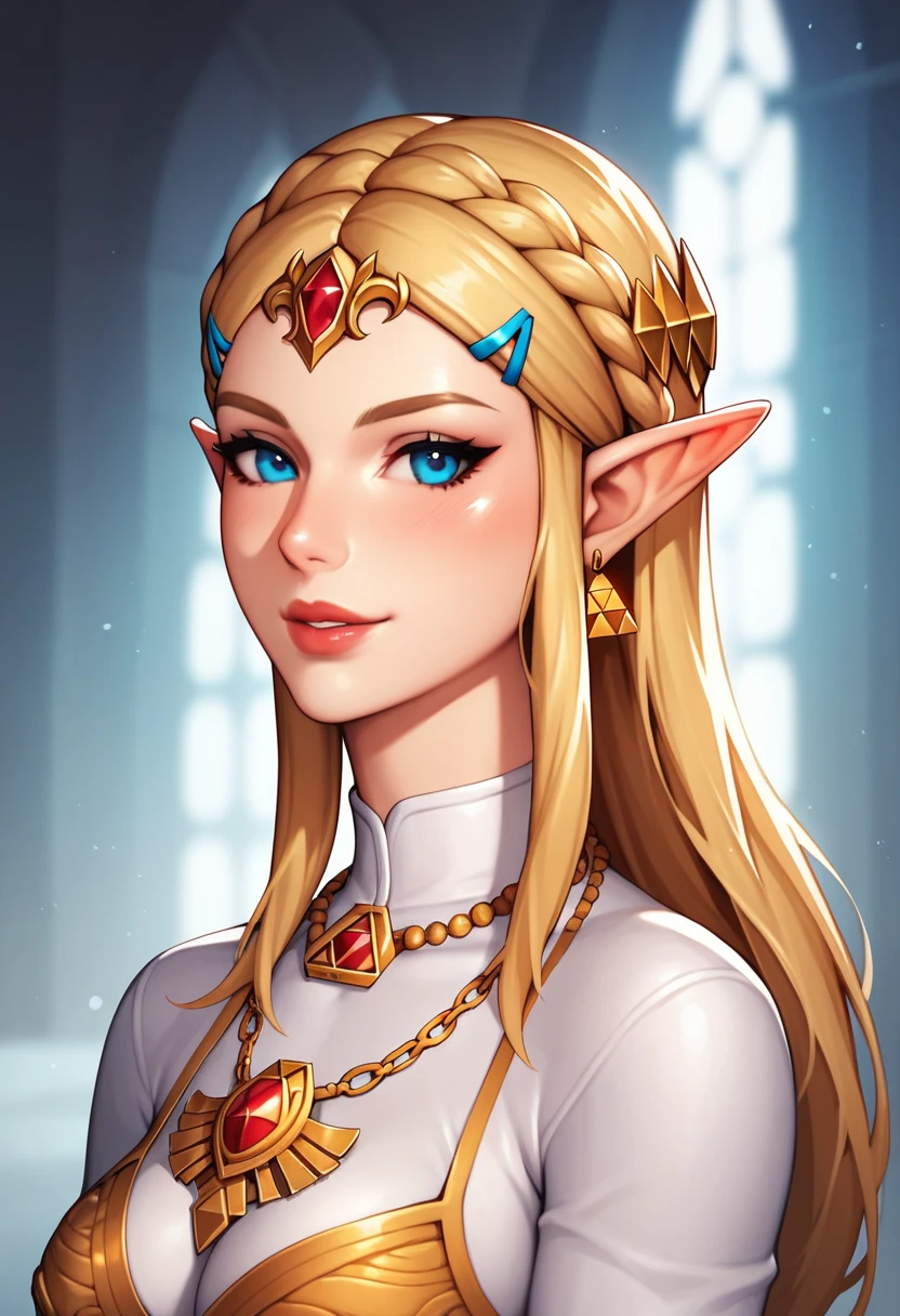 score_9, score_8_up, score_7_up, Amidst a grand royal ball, Princess Zelda from "The Legend of Zelda" series captivates the room with her grace and intelligence. Dressed in a regal gown, she discusses strategies and ancient lore with diplomats, her leadership and wisdom making her a magnetic figure in a realm filled with intrigue.