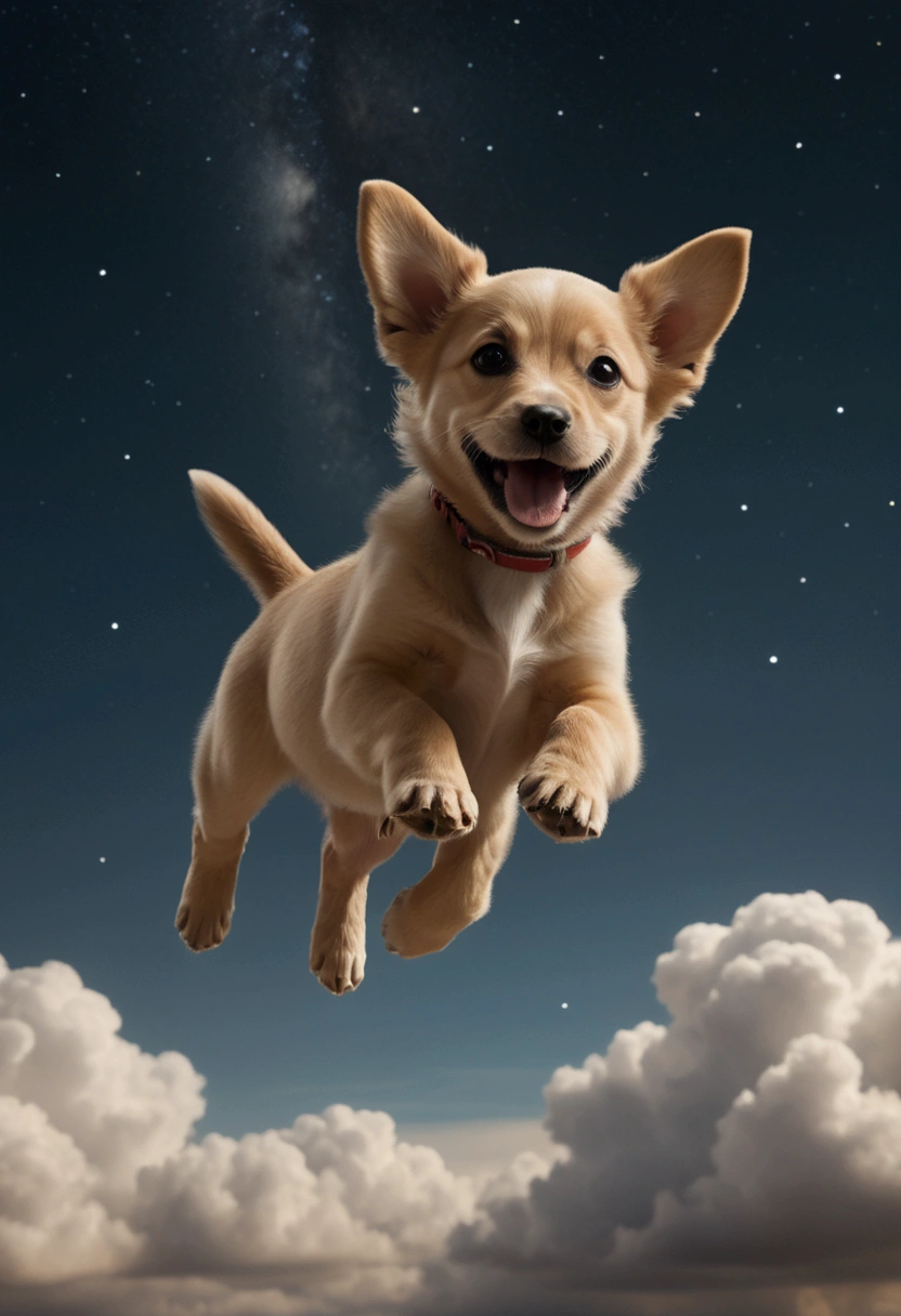(Flying Puppy), motion blur, on a huge cloud, with the stars in the sky, full body, award-winning, cinematic still, emotional, vignette, dynamic, vivid, (masterpiece, best quality, Professional, perfect composition, very aesthetic, absurdres, ultra-detailed, intricate details:1.3)