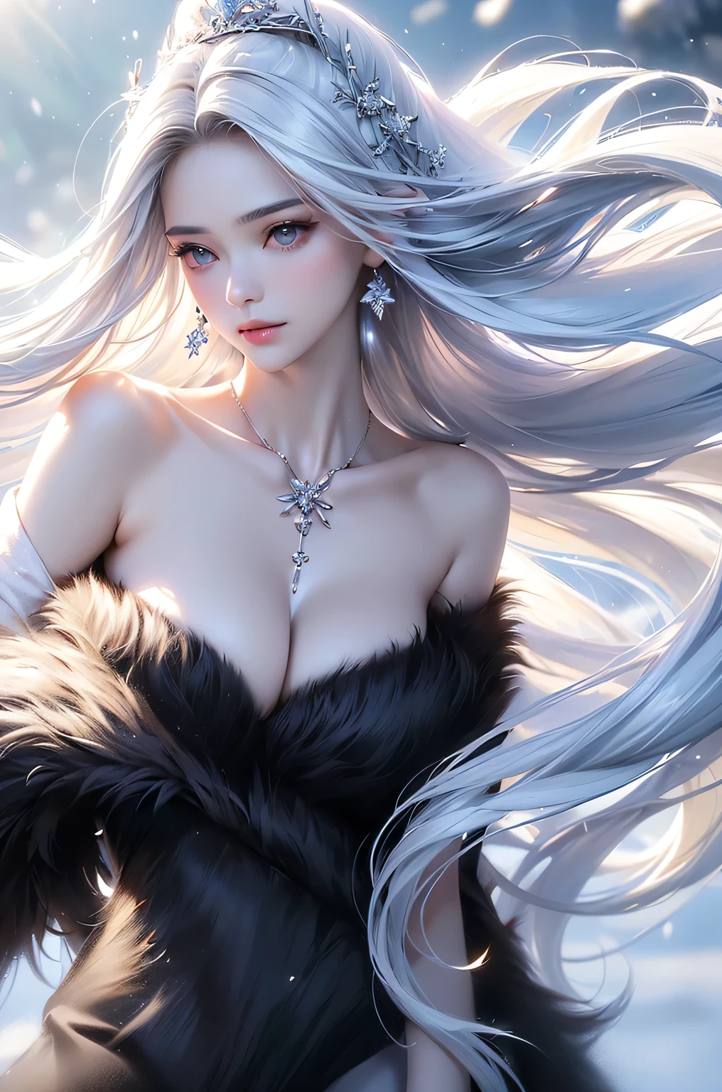 ((masterpiece:1.5、8k、Tabletop、Photorealistic and very detailed CG、Very detailed、Particle Effects、Dynamic Effects、Shallow depth of field、Cinematic Light、Lens flare、Ray Tracing、Tabletop、Realistic:1.4、Ultra-high resolution:1.2、Realistic、Realistic))((alone、,A woman wearing a black fur coat over an off-the-shoulder knitted sweater:1.4、Elegant woman posing、Detailed face、brightexpression、young, bright, Whiter skin、Medium chest、Beautiful cleavage、Best Looks、ASİAN、Ultimate beauty、bright and shiny hair,、Super long, Silky straight hair、Hair dancing in the wind))(morning、The setting is outdoors in the snow、Crystal of snow)((shiny white hair))
