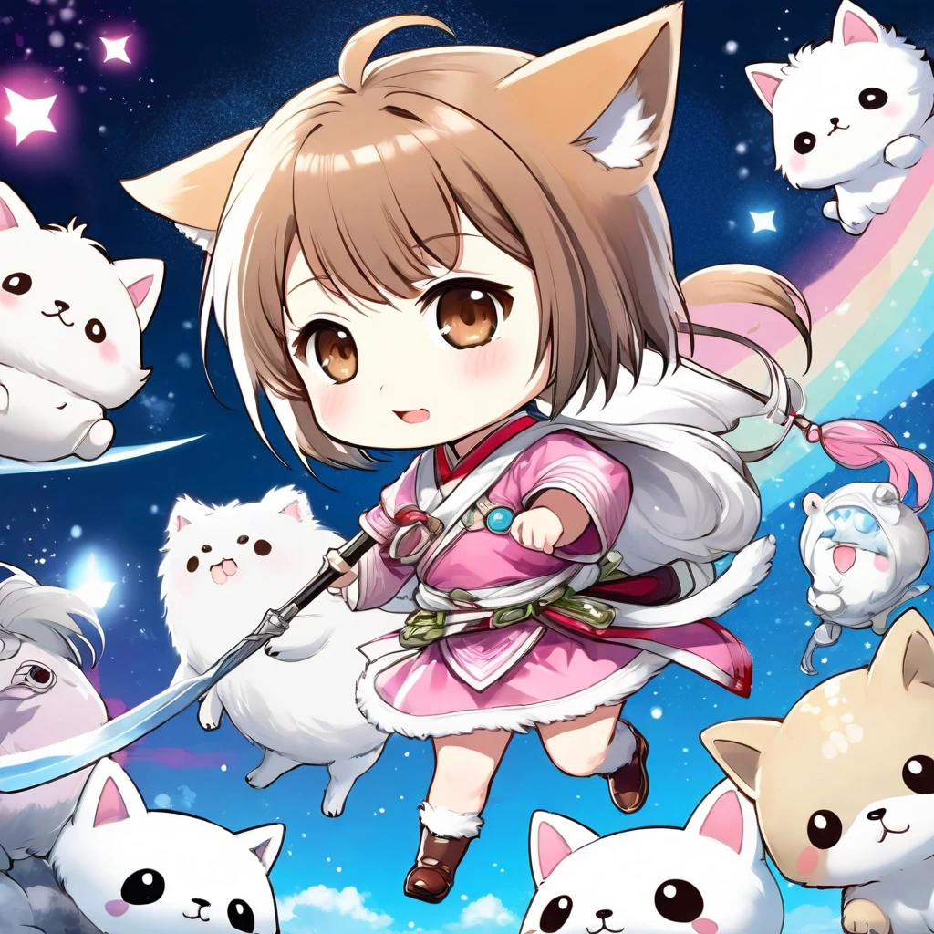 chibi characters and fluffy animals drawn by children, poorly drawn manga-style images, contrast magic effects