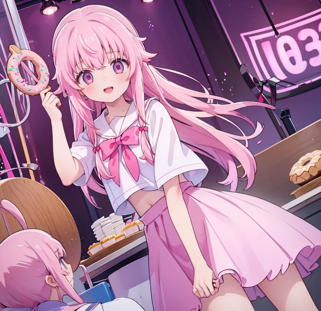 1girl,pink hair, pink eyes with love, detailed eyes, straight hair, straight bangs, shiny hair,
,red bowtie,purple skirt,purple shirt,pleated skirt,short sleeves,looking at the plate with donut, showing donuts, holding a plate wih donut, smile, laughter , open mouth, donut shop background, high-definition,masterpiece, masterpiece, best quality, high resolution, aabeta, double, standing, slim waist, cute, sailor uniform (PastelColors: 1.3)