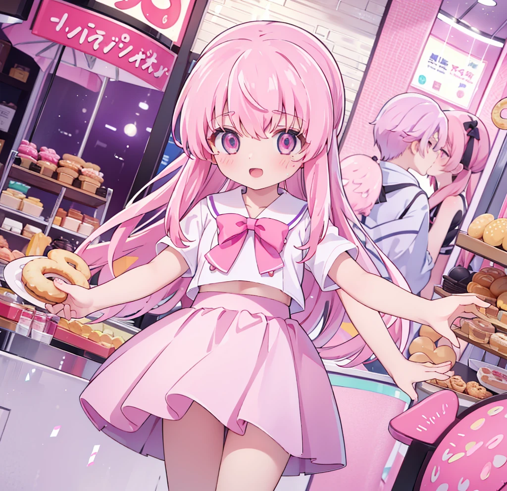 1girl,pink hair, pink eyes with love, detailed eyes, straight hair, straight bangs, shiny hair,
,red bowtie,purple skirt,purple shirt,pleated skirt,short sleeves,looking at the plate with donut, showing donuts, holding a plate wih donut, smile, laughter , open mouth, donut shop background, high-definition,masterpiece, masterpiece, best quality, high resolution, aabeta, double, standing, slim waist, cute, sailor uniform (PastelColors: 1.3)