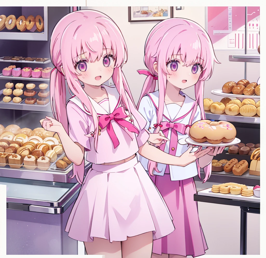 1girl,pink hair, pink eyes with love, detailed eyes, straight hair, straight bangs, shiny hair,
,red bowtie,purple skirt,purple shirt,pleated skirt,short sleeves,looking at the plate with donut, showing donuts, holding a plate wih donut, smile, laughter , open mouth, donut shop background, high-definition,masterpiece, masterpiece, best quality, high resolution, aabeta, double, standing, slim waist, cute, sailor uniform (PastelColors: 1.3)