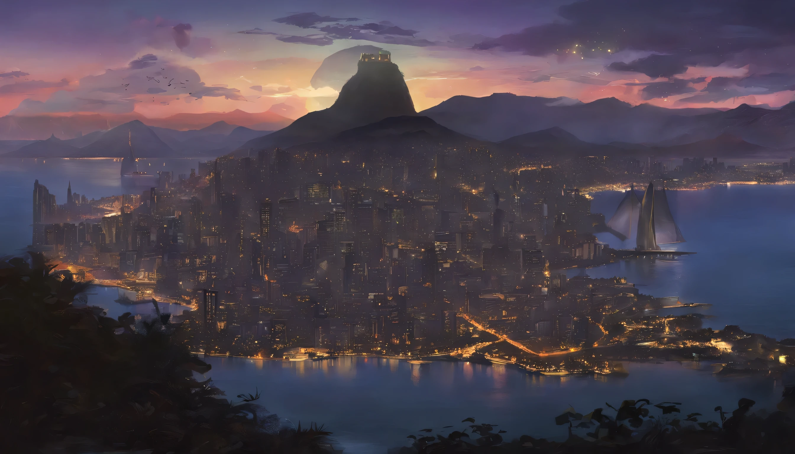 create an banner for a Vampire: The Masquerade RPG located in Rio de Janeiro. Use as resource banner images of the game Vampire: The Masquerade Coteries of New York. The setting is Rio de Janeiro at night. Don't put caracters in front of it. Digital painting. Christ the Redeemer. Guanabara Bay.