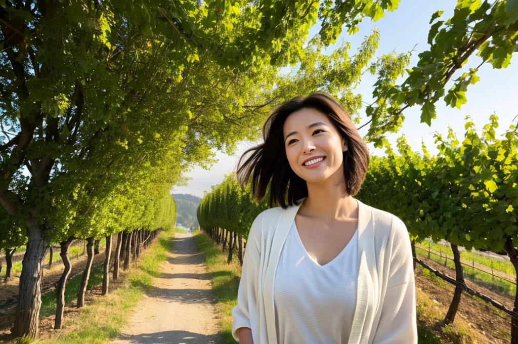 8k best picture quality, Beautiful 36-year-old Korean woman, Chest size 34 inches, northern italy countryside dawn, View of the cathedral next to the vineyards, The back background is realistic and vivid quality., short medium hair, A white T-shirt that covers the chest and a short cardigan, Wear casual pants, Smile slightly. the background is clear, look up to the side. cottonwood tree-lined hill, Looking at a vineyard covered in thick fog from a curved path, Close-up with wide-angle lens, Dress modestly