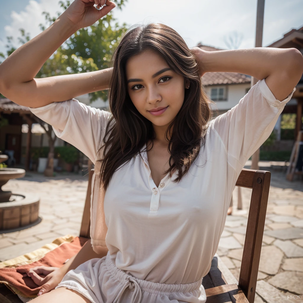 cute beautiful latina, wearings an entire pijama ,full body, perfect angle, very detailed, 18 years old, flirty face, long hair, brown eyes, high-res, masterpiece, best quality,intricate details, highly detailed,sharp focus, detailed ski n,realistic skin texture,texture, detailed eyes, professional, 4k, smile, shot on Canon, 85mm,shallow depth of field,koda k vision color, eyeshadow, extremely detailed, photo_\(ultra\), photorealistic, realistic, post-processing, max detail, ughness, real life, ultra realistic, photorealism, photography, 8k uhd, photography, braless, pokies