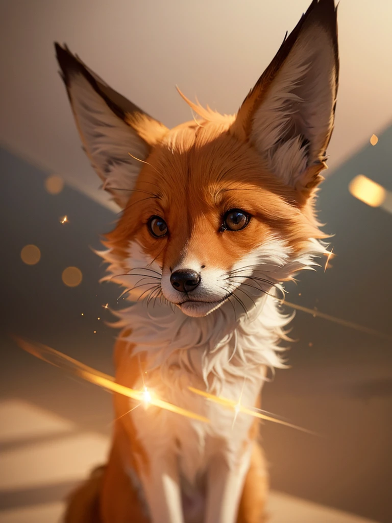 The fox and the dog、Cute and gentle、Sharp eye focus、original、Supernatural、Another world、Ultra Detail、bright fur、Magic Lighting、trajectory、 Light dust、beautiful、Cinematic lighting、 Bokeh effect