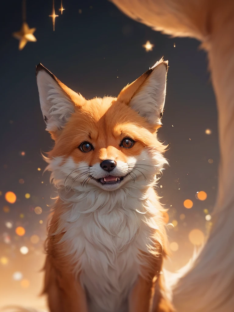 The fox and the dog、Cute and gentle、Sharp eye focus、original、Supernatural、Another world、Ultra Detail、bright fur、Magic Lighting、trajectory、 Light dust、beautiful、Cinematic lighting、 Bokeh effect