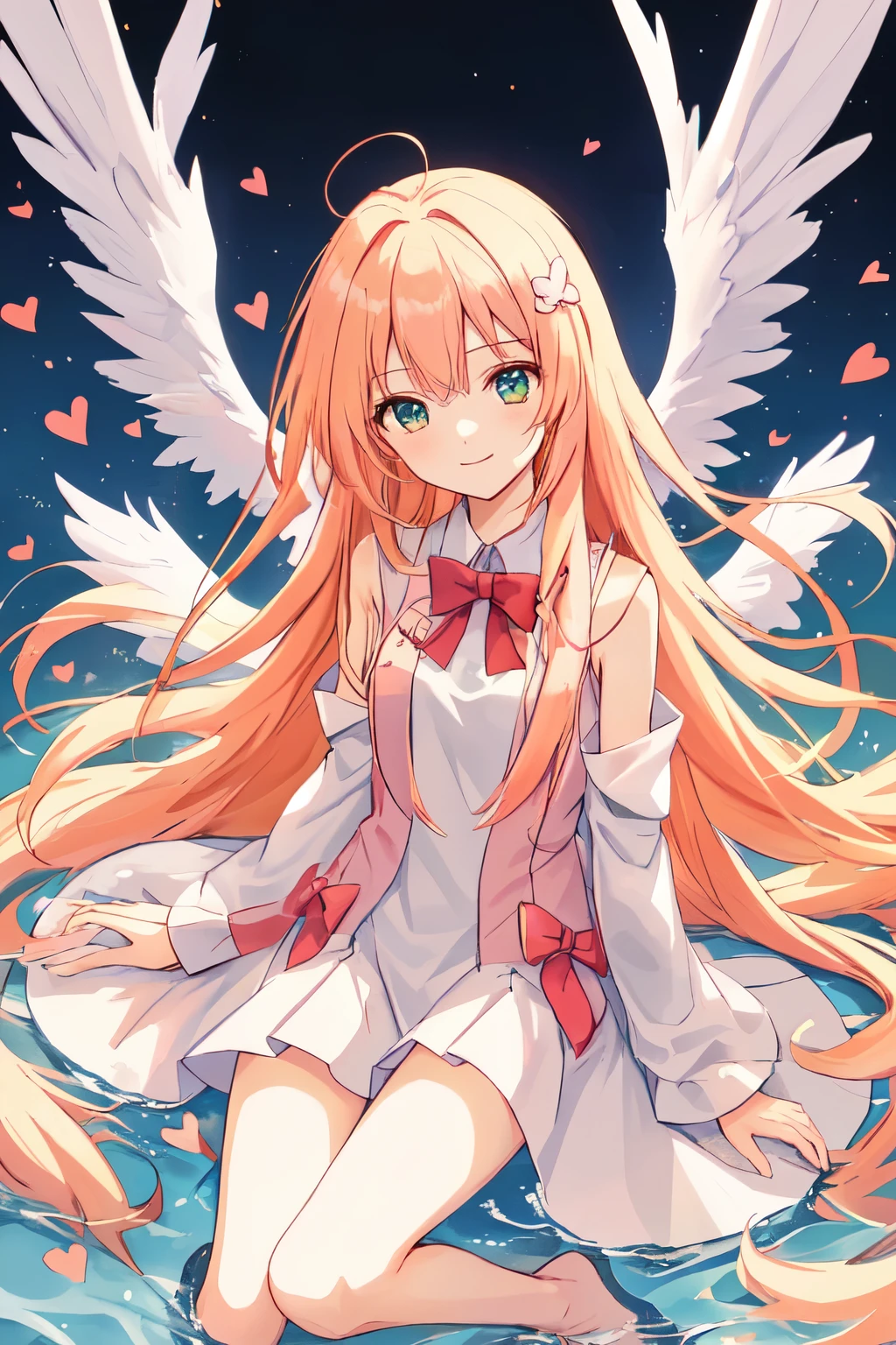 1_girl, (anime, kawai:2), (masterpeice, best_quality, clean:1.5), (sky_background:1.2), (cute, cute_smile, wholesome, young:1.8), (delicate, extremely_delicate, beautiful, thin:1.5), (girlfriend, angel:1.8), (green_eyes, simple_eyes:1.8) (long_hair, blond_hair, wearing_pink_dress, pink_angel_wings:1.5), (combat:1.2), extremely_delicate, (love_magic:1.5), (age_size_fits_body), (small_thighs:1.3), (breasts), (eye_level:1.3), (heart_magic, love:1.5), (folded_legs:1.5)