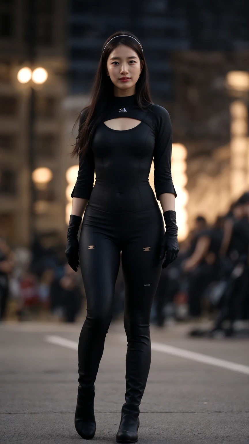 mature body, masterpiece, best quality, ultra-detailed, ultra high res, (photorealistic:1.4), raw photo, (realistic:0.2), CG, {4k|8k} HDR, perfect lighting, 1girl, solo, looking at viewer, outdoor, asymmetrical wavy long hair, (detailed oily skin, medium breasts:1), (detailed background :1.1), (full body:1.2), (full body:1.2), closed mouth, (((she wears black tight lon-sleeves bodysuit, tight black flare pants, black boots and black gloves))), (((headband)))