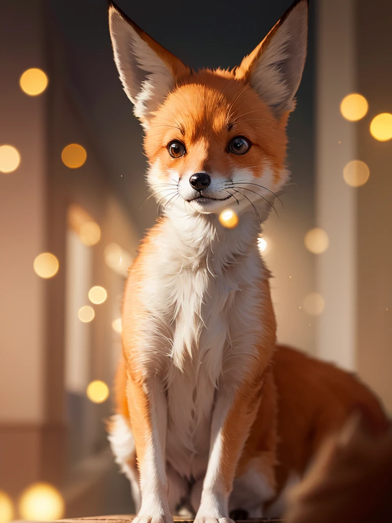 The fox and the dog、Cute and gentle、Sharp eye focus、original、Supernatural、Another world、Ultra Detail、bright fur、Magic Lighting、trajectory、 Light dust、beautiful、Cinematic lighting、 Bokeh effect