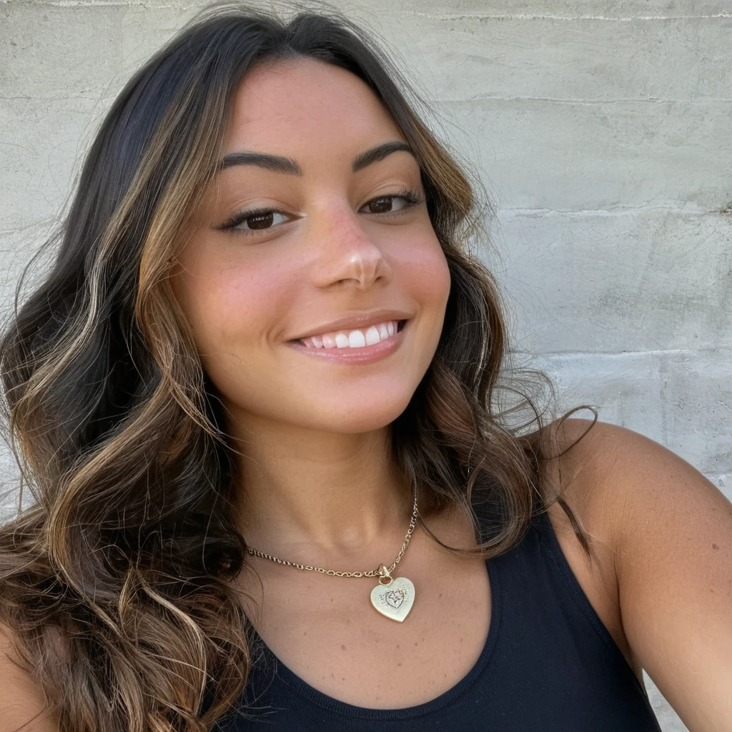 regardant droit vers la caméra, grain de film, Texture de la peau, Instagram closeup selFie oF a woman with beautiFul wavy hair wearing a heart necklace,F/1.8,porter une chemise à col roulé, beautiful smile, black hair