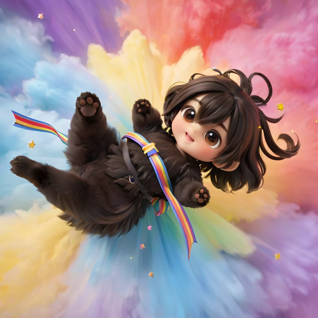 Ultra-small deformation,pop art, (from above), A black Shih Tzu puppy is curling up in the air, glowing cloud back ground, surrounded colorful ribbons and particles shaped star, falling through the air, lie on back spreading arms and legs wide, close up happily expression toward the viewer, smoke screen, speed line, Dynamic Motion Blur, Dynamic action scenes 3D Pixar