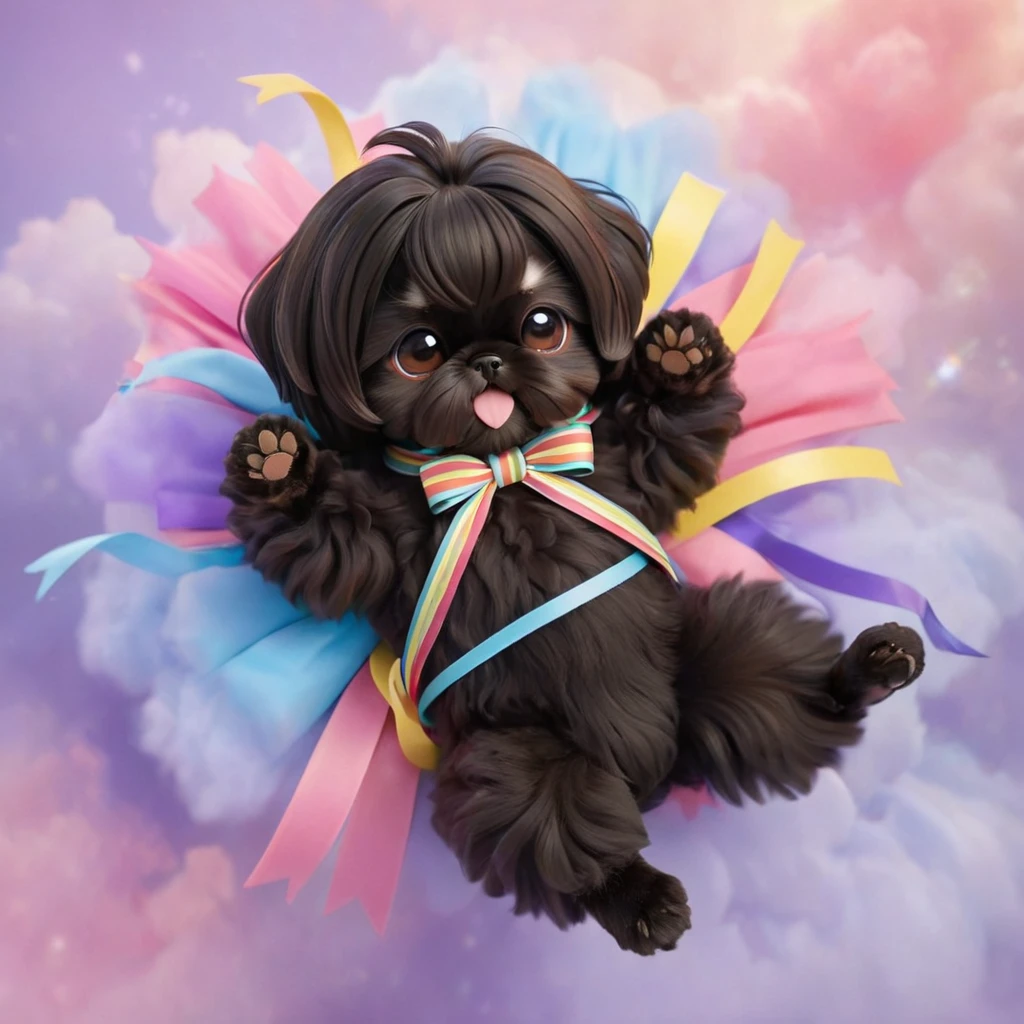 Ultra-small deformation,pop art, (from above), A black Shih Tzu puppy is curling up in the air, glowing cloud back ground, surrounded colorful ribbons and particles shaped star, falling through the air, lie on back spreading arms and legs wide, close up happily expression toward the viewer, smoke screen, speed line, Dynamic Motion Blur, Dynamic action scenes 3D Pixar