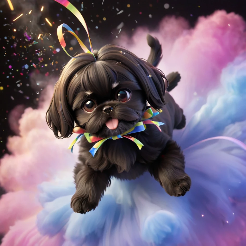 Ultra-small deformation,pop art, (from above), A black Shih Tzu puppy is curling up in the air, glowing cloud back ground, surrounded colorful ribbons and particles shaped star, falling through the air, lie on back spreading arms and legs wide, close up happily expression toward the viewer, smoke screen, speed line, Dynamic Motion Blur, Dynamic action scenes 3D Pixar