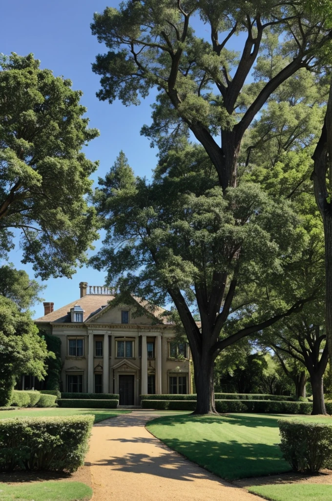 A large mansion between a giant tree
