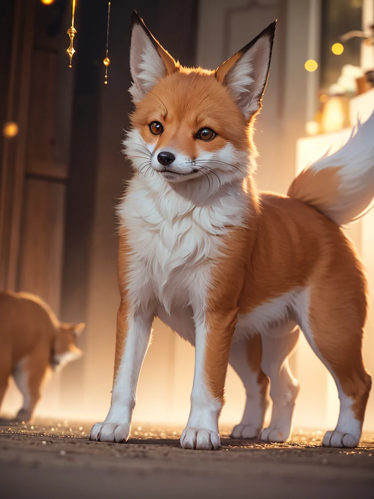 The fox and the dog、Cute and gentle、Sharp eye focus、original、Supernatural、Another world、Ultra Detail、bright fur、Magic Lighting、trajectory、 Light dust、beautiful、Cinematic lighting、 Bokeh effect