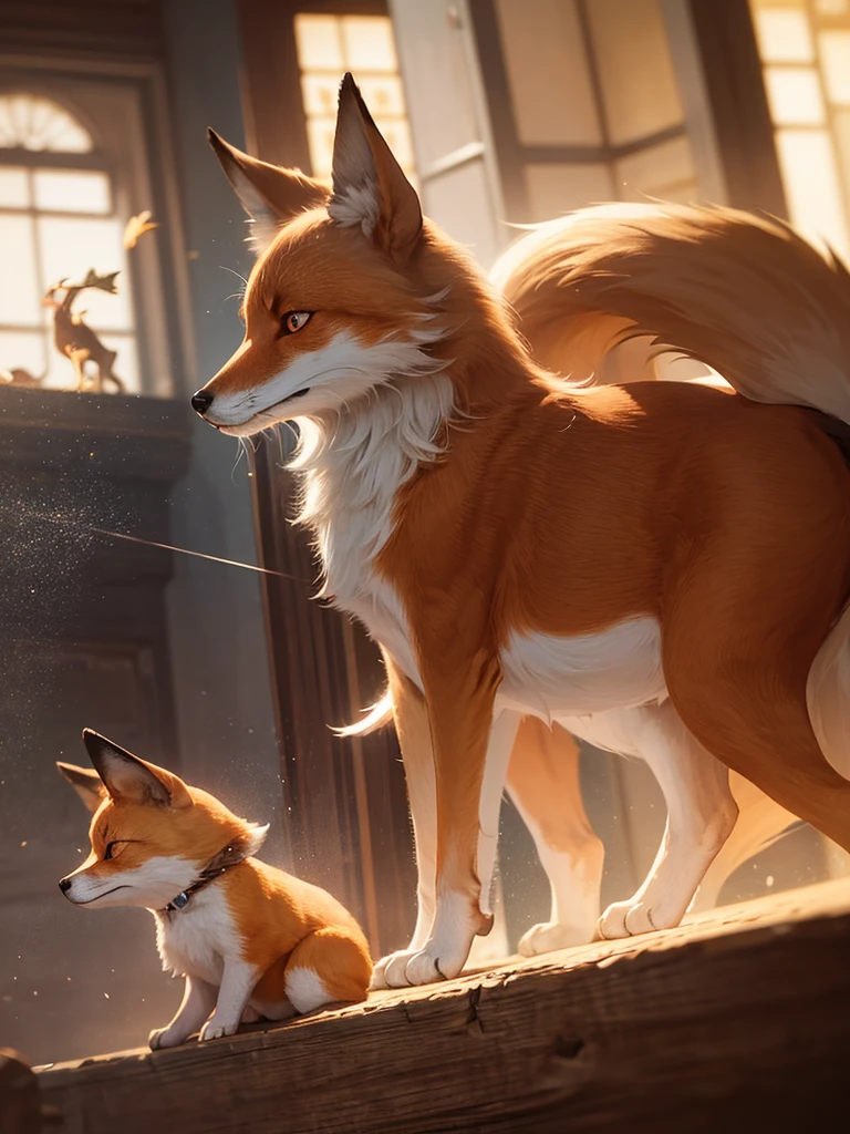 The fox and the dog、Cute and gentle、Sharp eye focus、original、Supernatural、Another world、Ultra Detail、bright fur、Magic Lighting、trajectory、 Light dust、beautiful、Cinematic lighting、 Bokeh effect