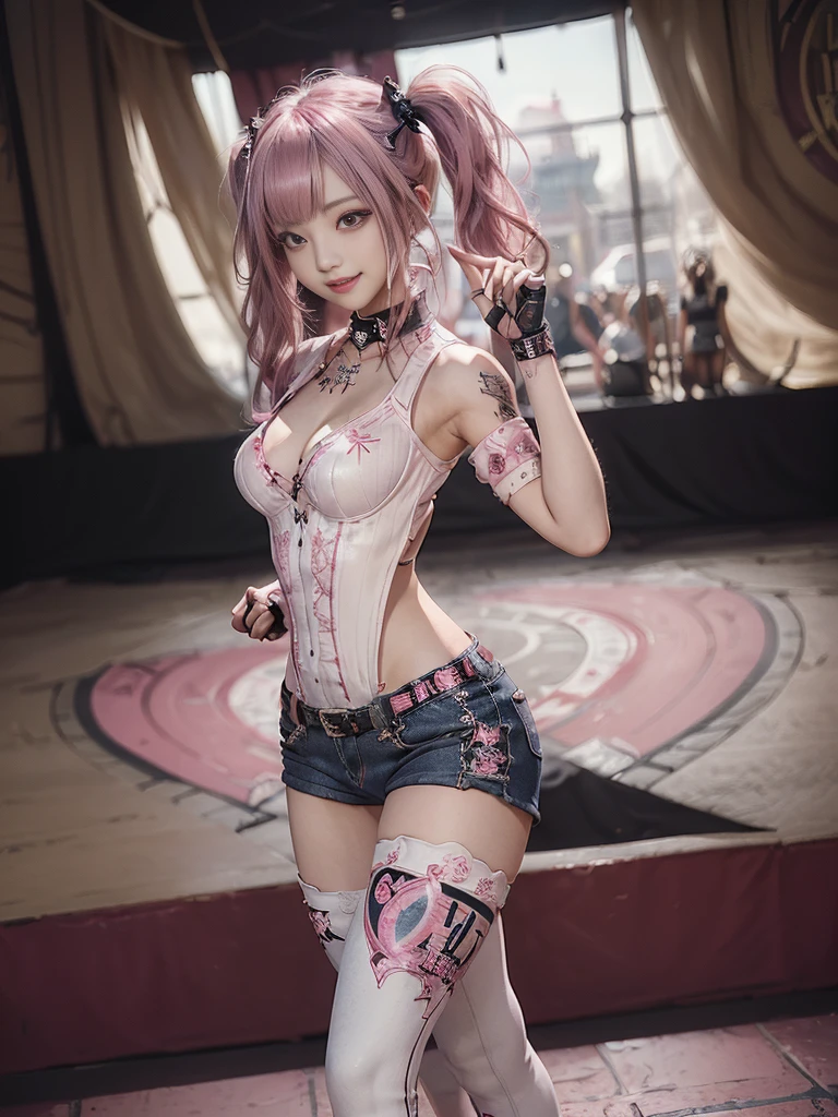 (Full Body View:1.2)、(Side view:1.1)、(Smiling with teeth showing:1.3),(Shibuya Gal:1.5)、(Gothic ta style fashion:1.5)、(Punk RockVisual Kei:1.5)、(Wearing a rhythmic gymnastics bodysuit with intricate details:1.4)、(Racing suit and pants with intricate decorations in magenta, denim and wine red:1.5)、(Red, brown and white boots:1.3)、((belt))、(Numerous delicate logo marks all over the costume:1.4)、(collar:1.3)、(Striped underwear:1.5)、30 years old、NSFW、((Highest quality、In 8K、masterpiece:1.3))、Sharp focus:1.2、(Layered Cut、Huge boobs:1.1),Beautiful woman with perfect figure:1.4、(Dancing vigorously:1.3)、Slender Abs:1.2、Highly detailed face and skin texture、Detailed eyes、double eyelid,(Twin tails:1.3)、(Pink and cream hair:1.3)、Gravure idol、(The background is the stage of the fashion show:1.3)、(Slim Body:1.3),(Make your legs thinner:1.4),(clavicle:1.1)、(Thin and slim thighs:1.3)