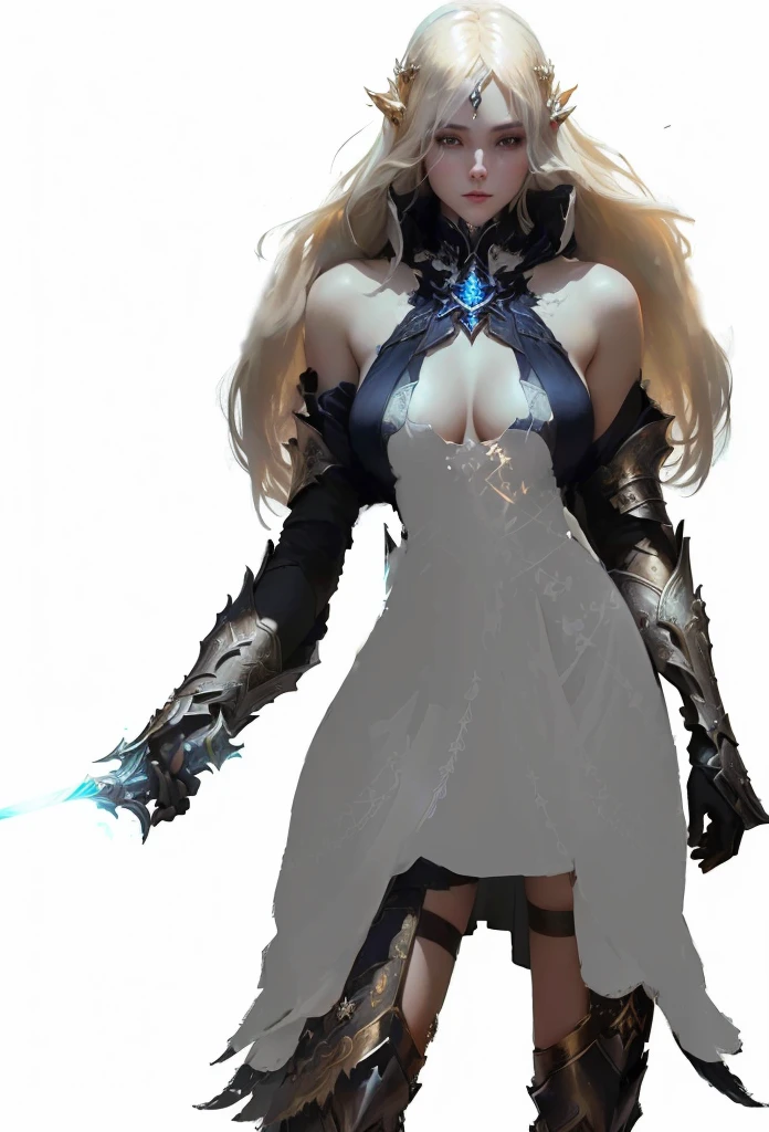 a woman in a white dress holding a sword and a sword, epic exquisite character art, pale white armor, light sorceress full view, by Yang J, dark fantasy character design, armor girl, holy cleric girl, wlop rossdraws, beautiful priestess, stunning character art, fantasy character, rossdraws 1. 0, white dress, white sleeveless top, 