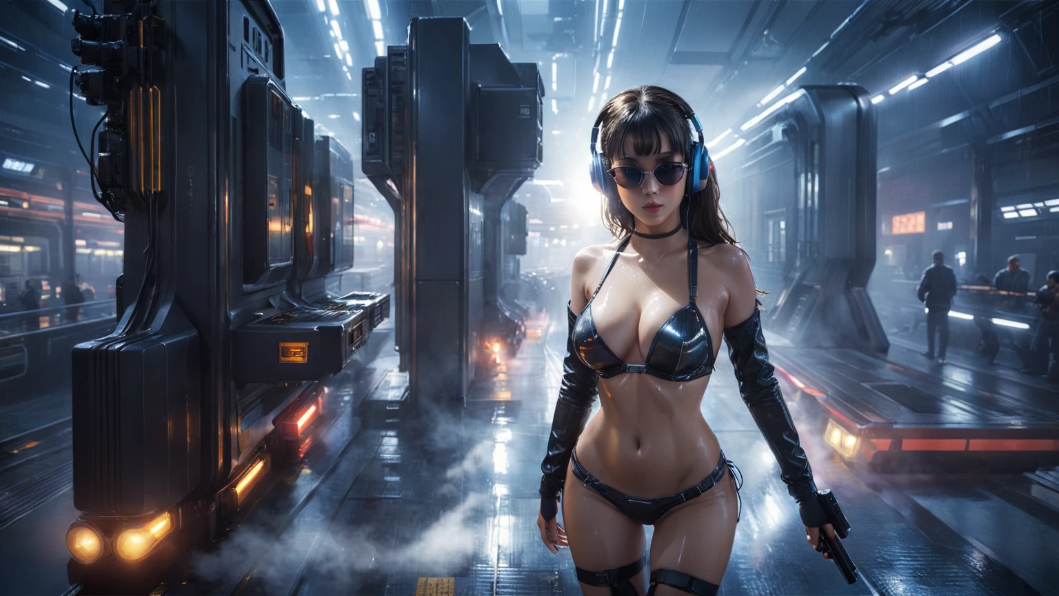 (((aerial view))), Blade Runner style futuristic railway platform, hi-tech train, neon lights, rainy night. (1hotgirl, solo, alone), large-breast:1.2 slim body, cleavage:1.1, sexy lingerie with wet jacket, headphone, (black sunglasses), (((she raised a pistol:1.8 and shot:1.8 the viewer))), dynamic pose, (((half-body thigh level medium shot))), cinematic lighting, lens flare, ray tracing, blurred:1.4 background.