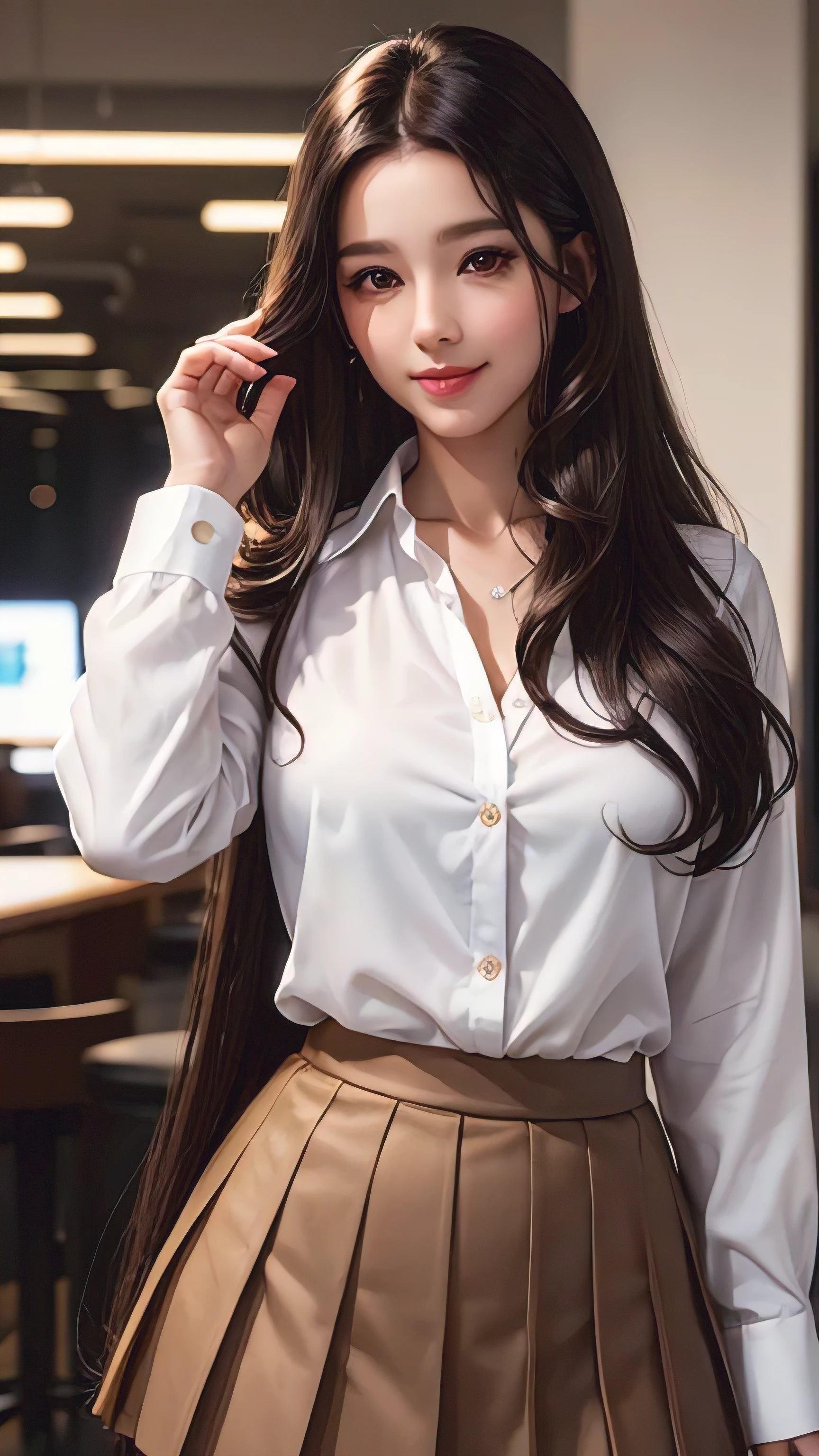 35-year-old woman, beautiful and smart, Store Management, ,white long sleeve button up blouse_brown pleated mini skirt, Super long brown hair,Hair with loose waves , Detailed face and eyes, Realistic, 8k, high quality, Realistic lighting, Warm tones, Intricate details、shy smile